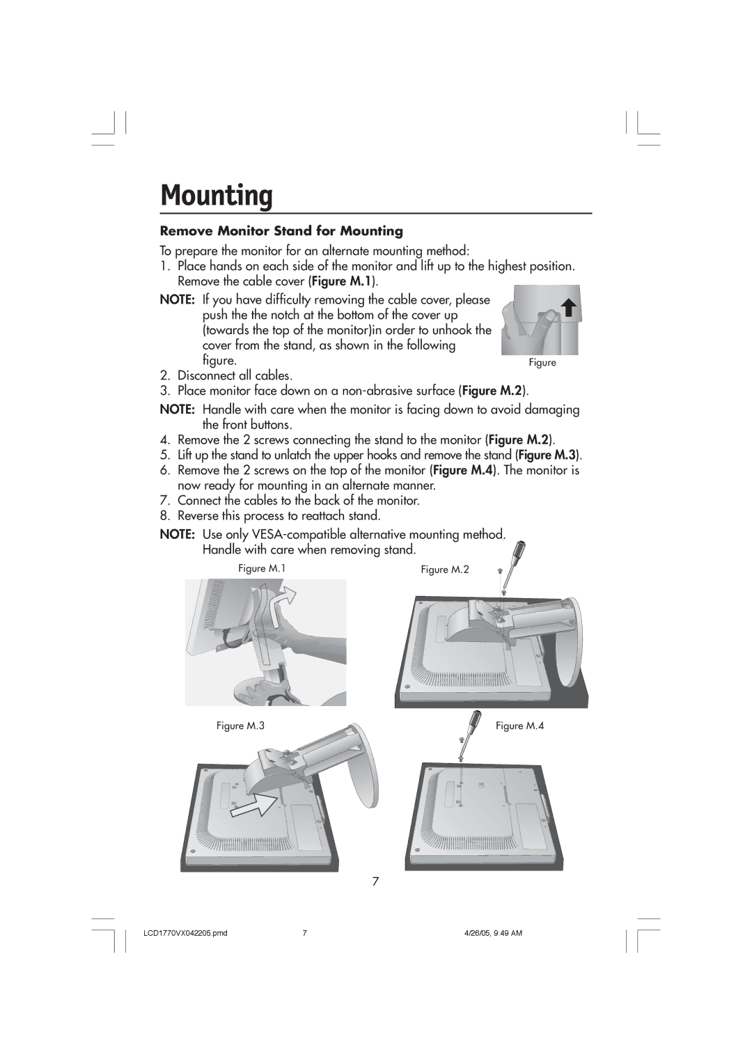 NEC LCD1770VX user manual Remove Monitor Stand for Mounting 