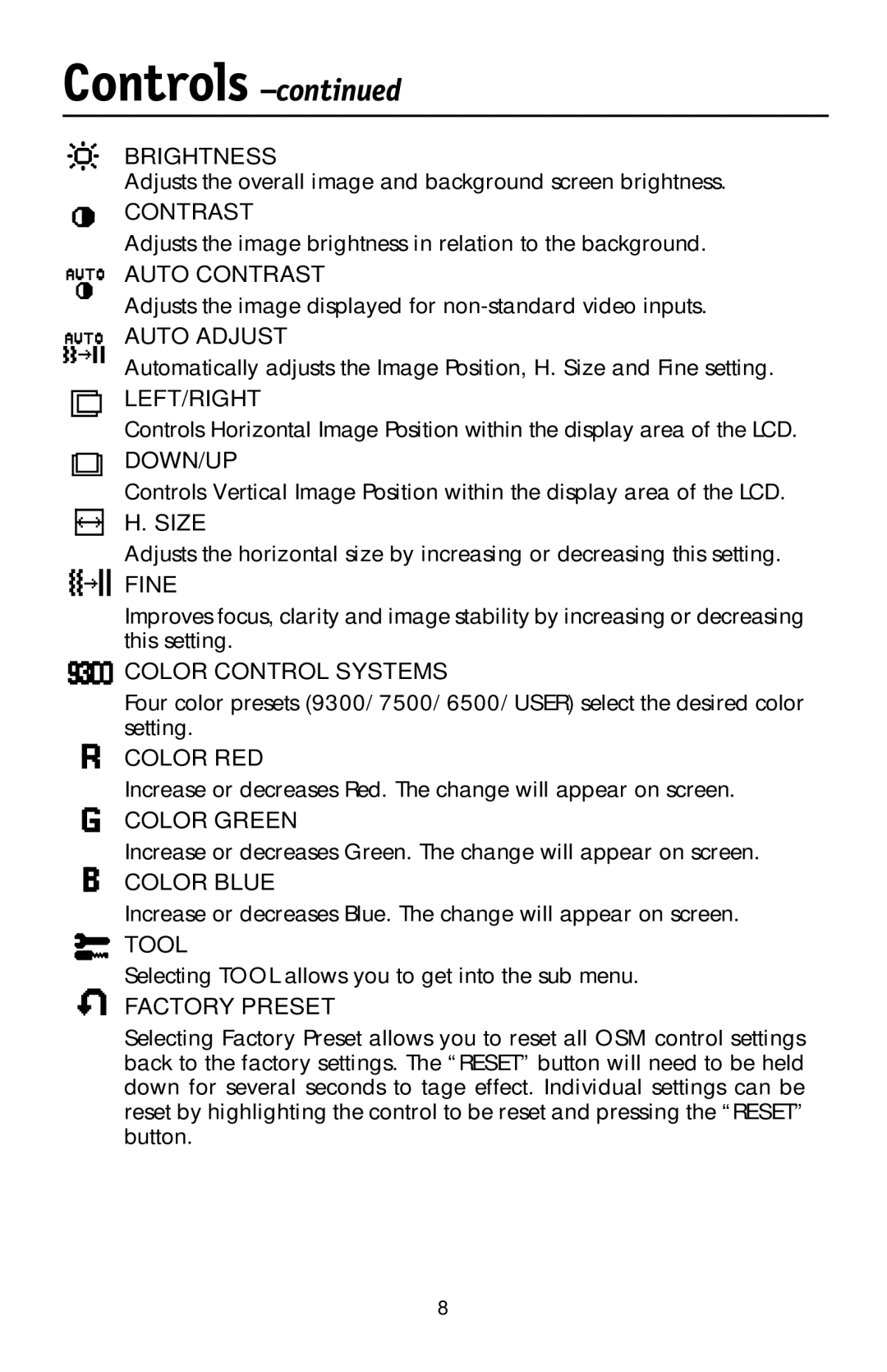 NEC LCD17V Adjusts the overall image and background screen brightness, Selecting Tool allows you to get into the sub menu 