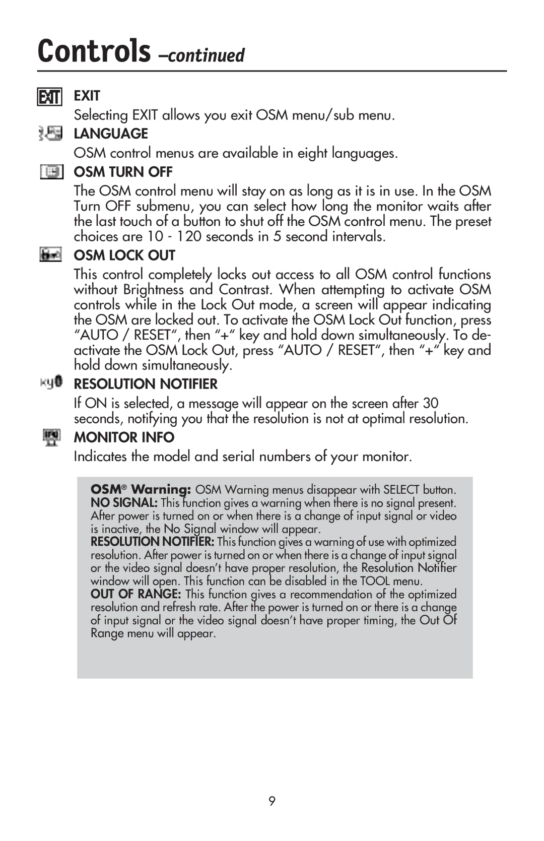 NEC LCD17V user manual Selecting Exit allows you exit OSM menu/sub menu, OSM control menus are available in eight languages 