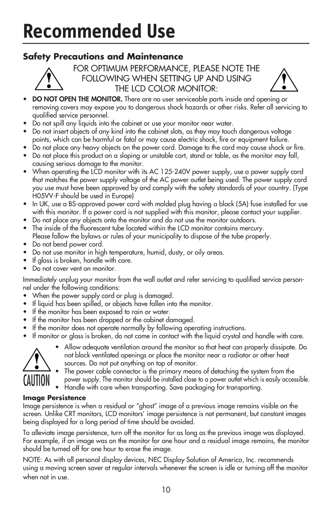 NEC LCD17V user manual Recommended Use, Safety Precautions and Maintenance 