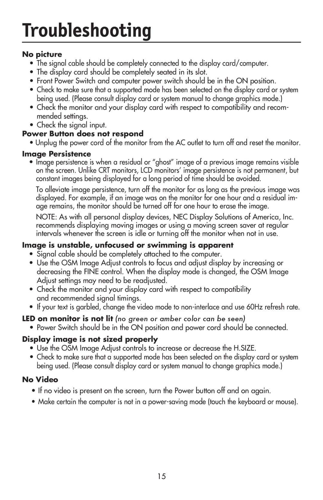 NEC LCD17V user manual Troubleshooting, No picture 