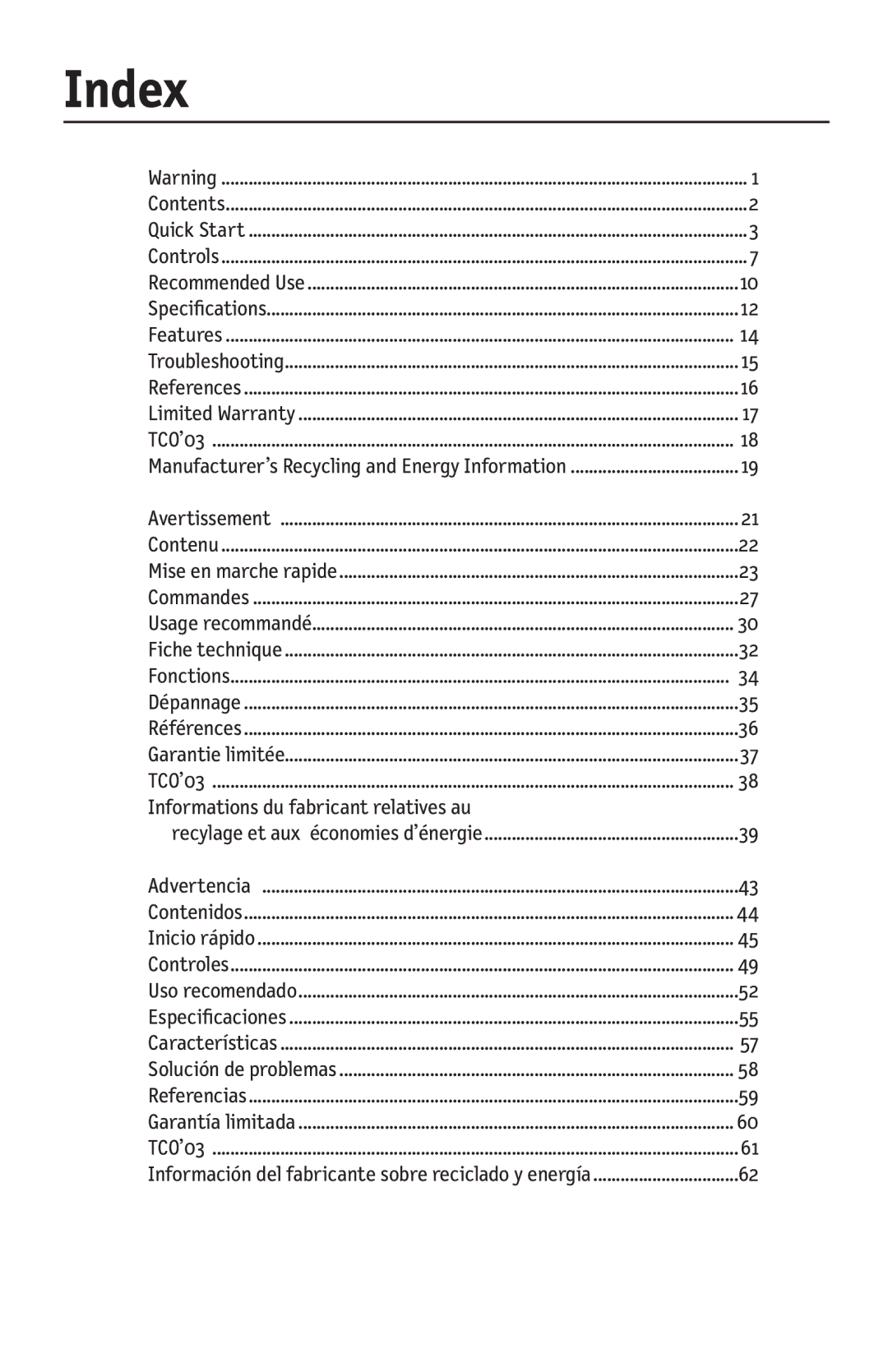 NEC LCD17V user manual Index, Informations du fabricant relatives au 