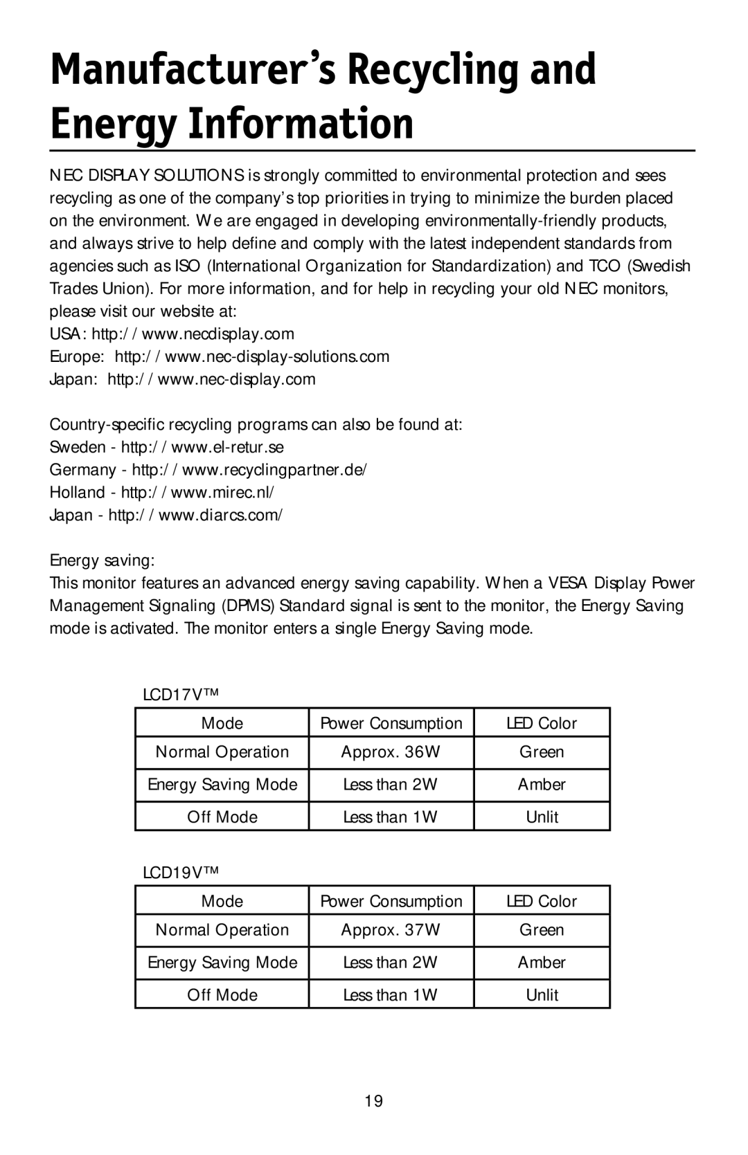 NEC LCD17V user manual Manufacturer’s Recycling and Energy Information, LED Color, Approx W, Off Mode 