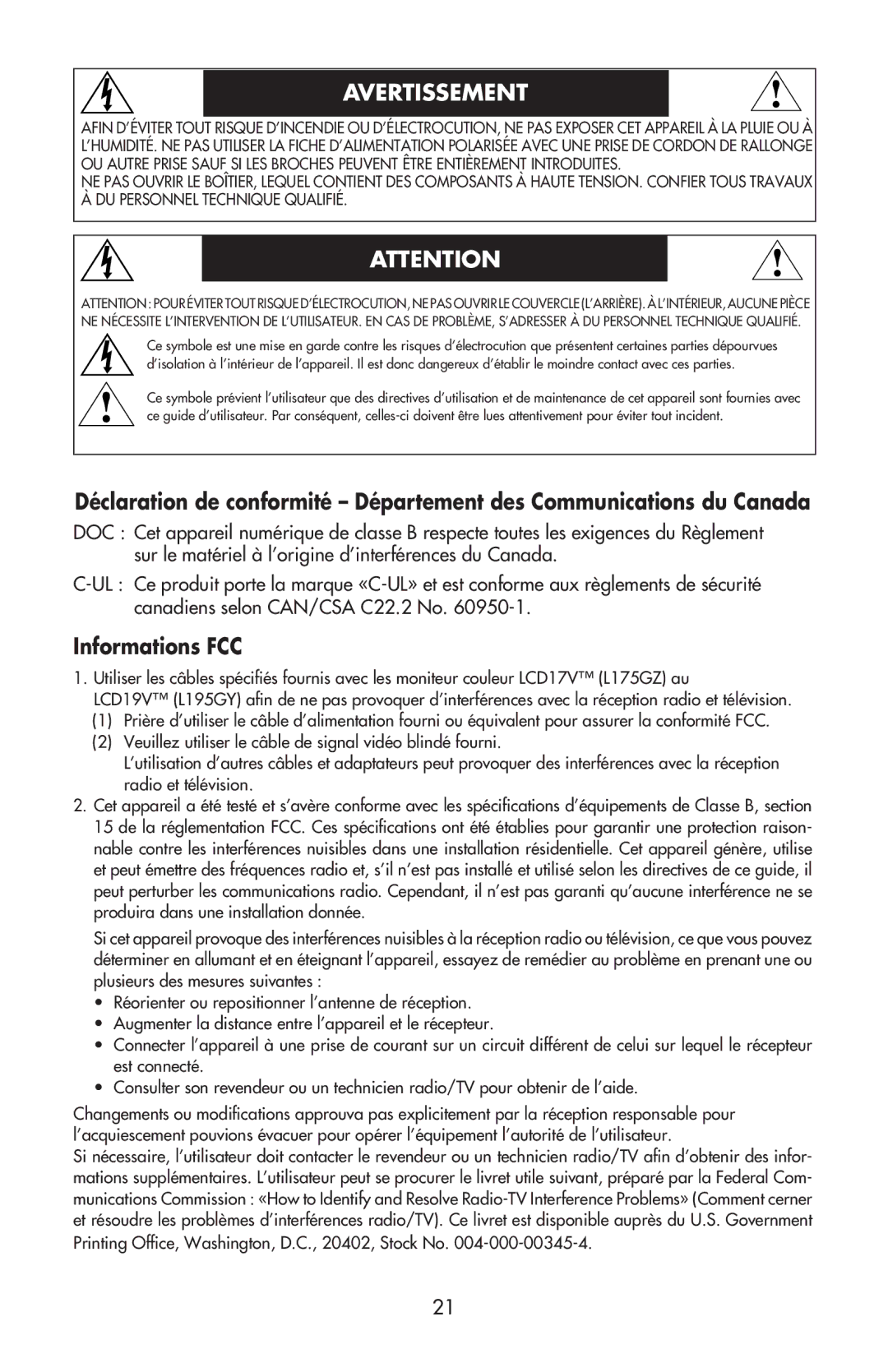 NEC LCD17V user manual Avertissement, Informations FCC 