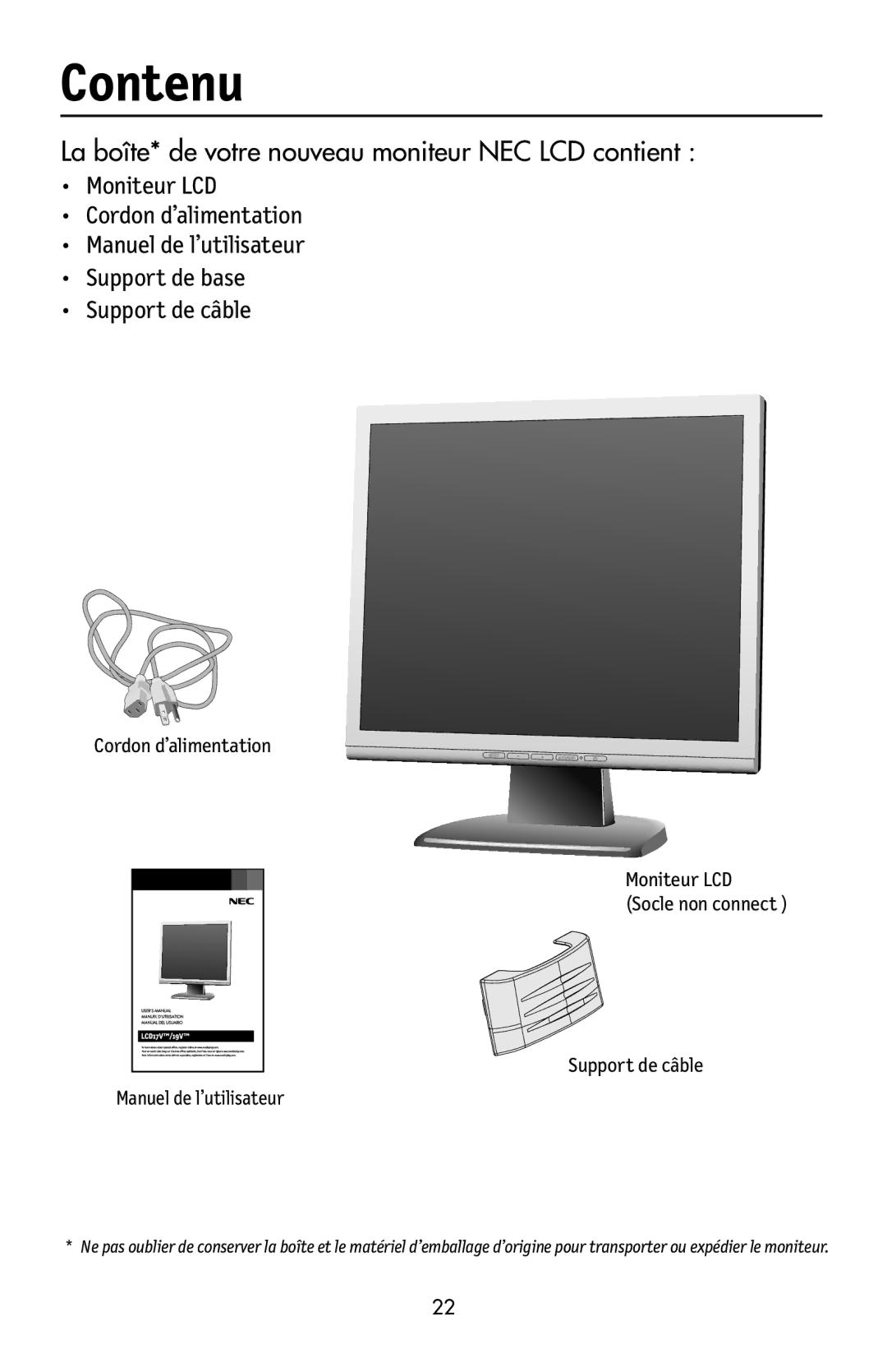 NEC LCD17V user manual Contenu, La boîte* de votre nouveau moniteur NEC LCD contient, Cordon d’alimentation 