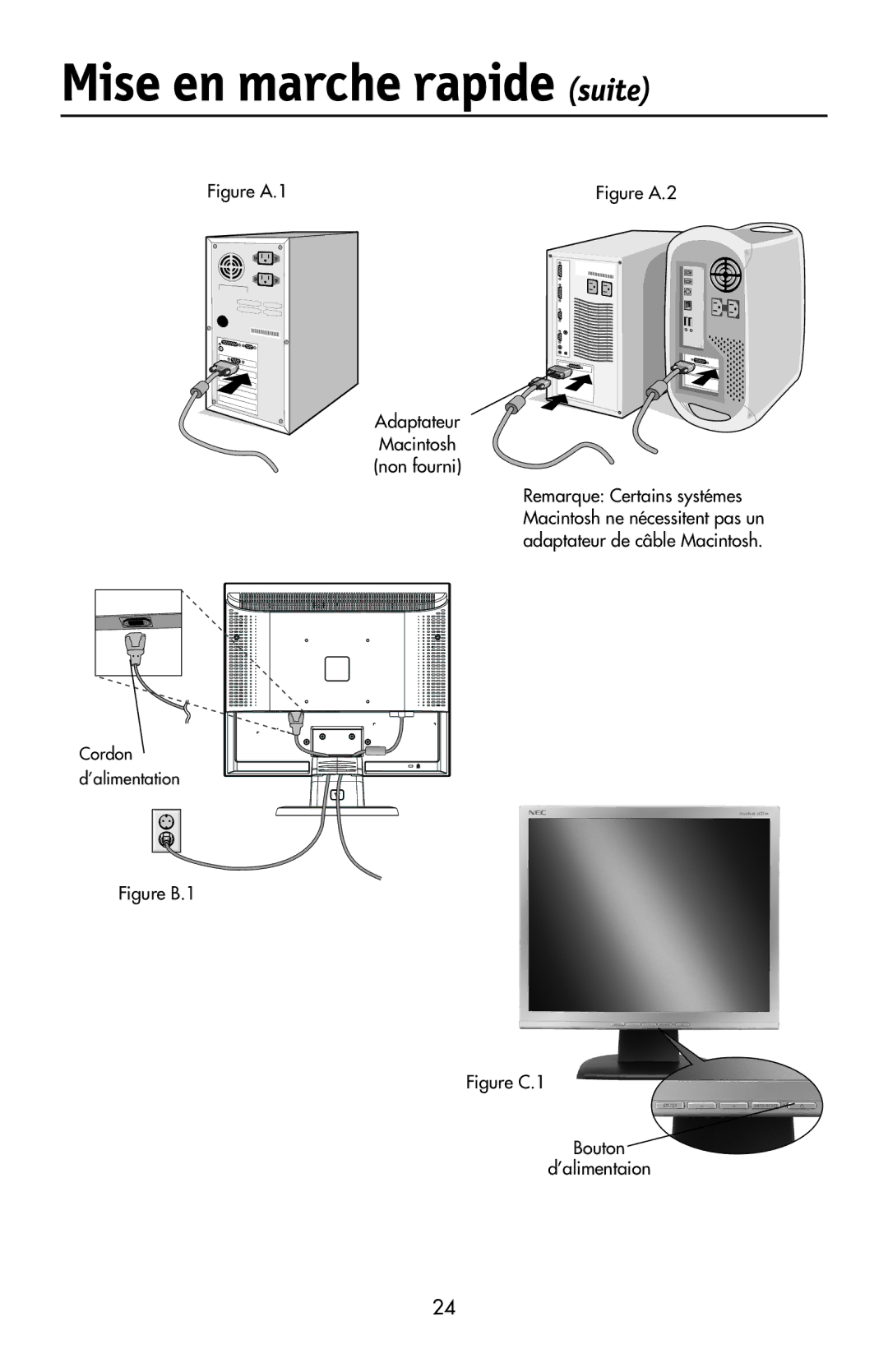 NEC LCD17V user manual Mise en marche rapide suite, Adaptateur Macintosh Non fourni 