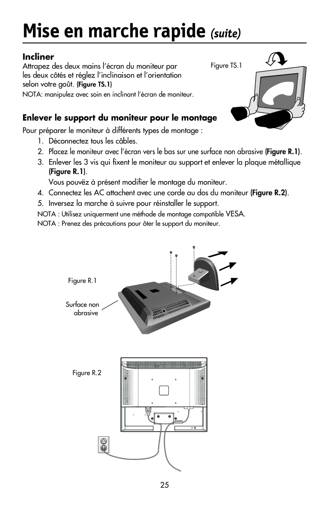 NEC LCD17V Incliner, Enlever le support du moniteur pour le montage, Attrapez des deux mains l’écran du moniteur par 