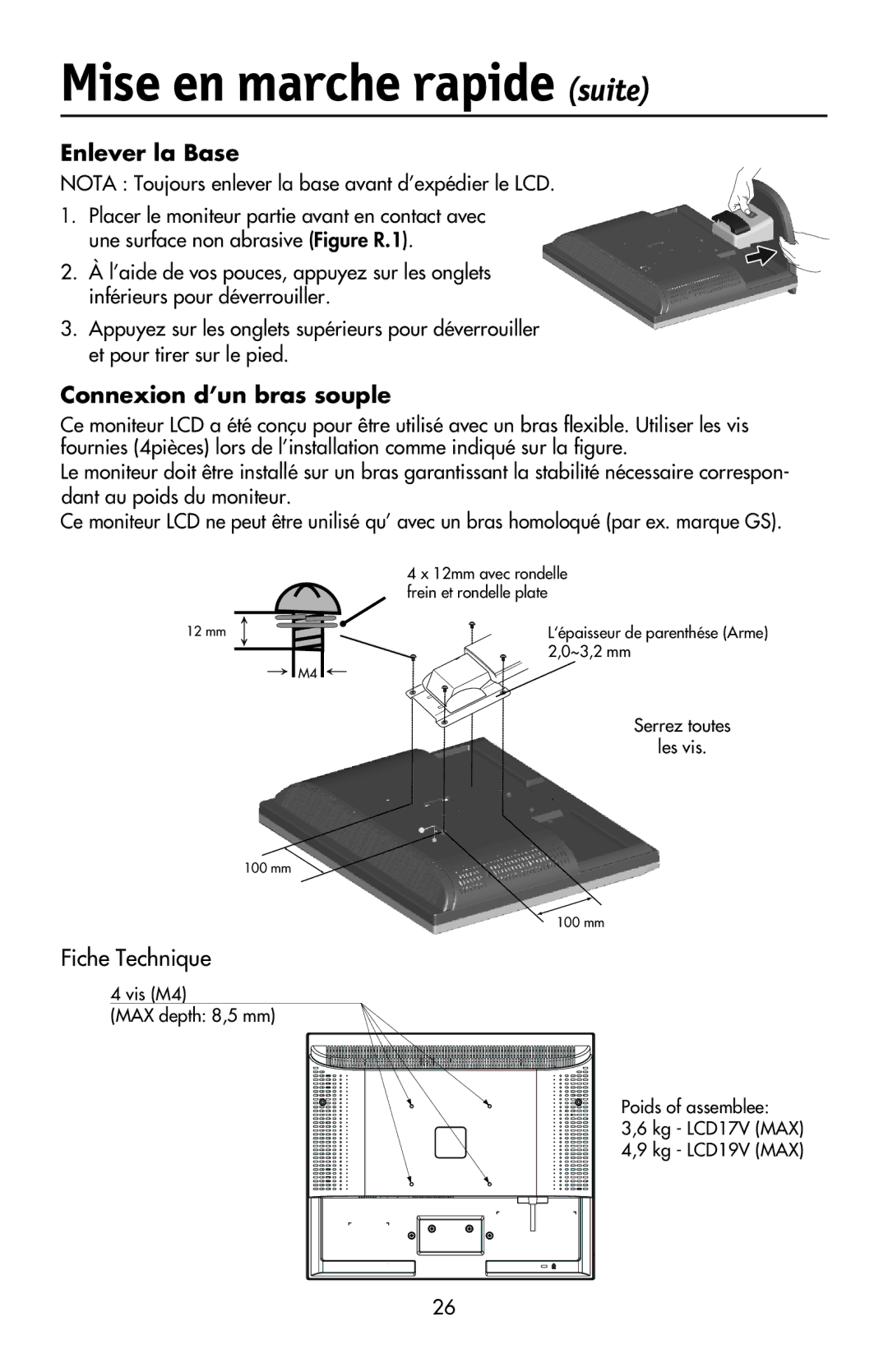 NEC LCD17V user manual Enlever la Base, Connexion d’un bras souple, Fiche Technique 