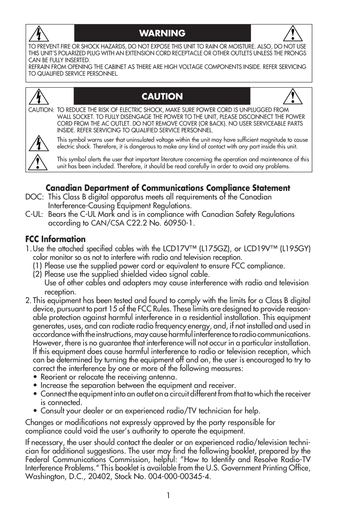 NEC LCD17V user manual Canadian Department of Communications Compliance Statement, FCC Information 