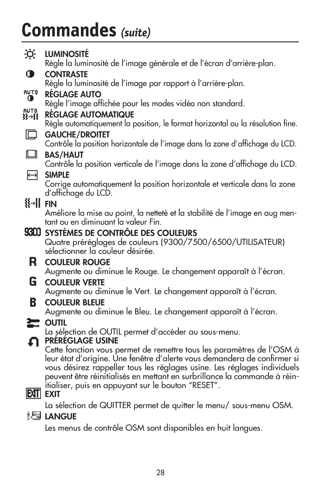 NEC LCD17V user manual Commandes suite, Règle la luminosité de l’image par rapport à l’arrière-plan 