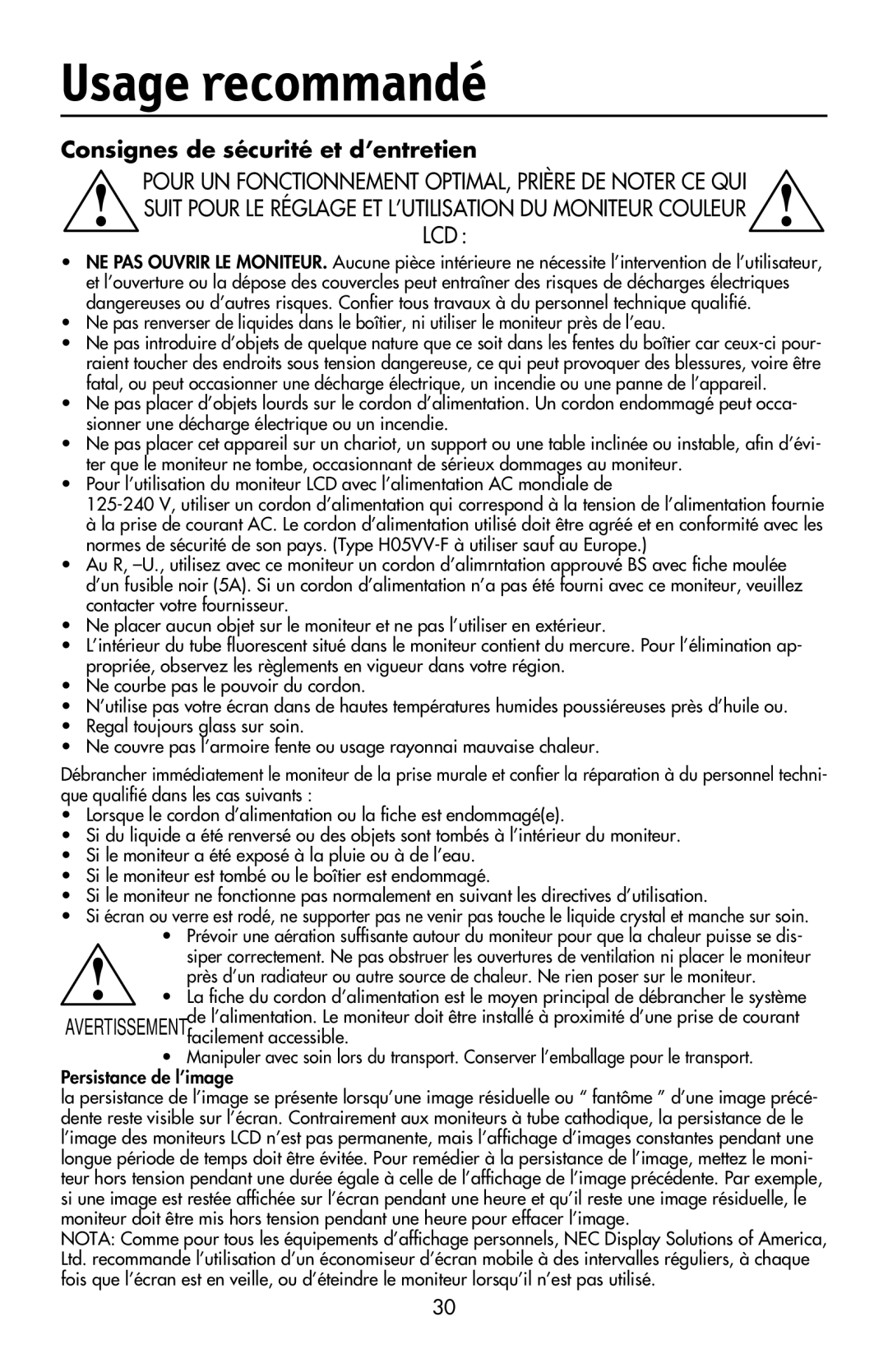 NEC LCD17V user manual Usage recommandé, Consignes de sécurité et d’entretien 