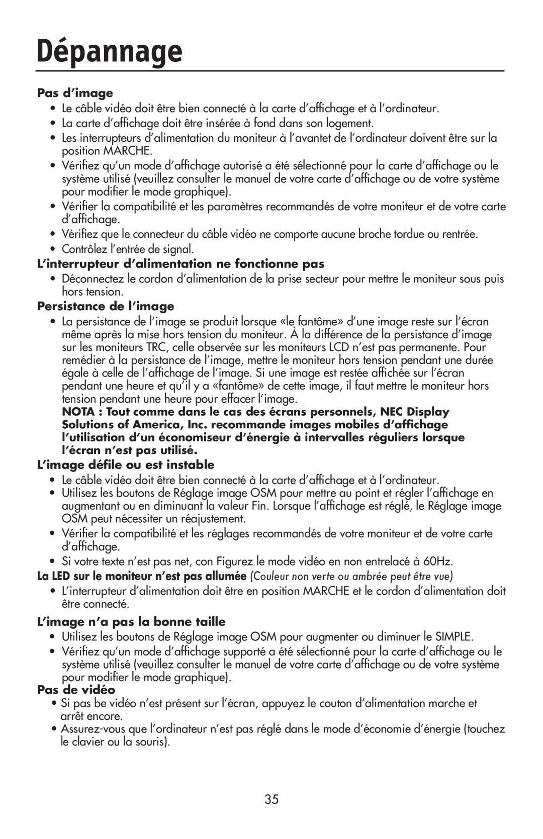 NEC LCD17V user manual Dépannage, Pas d’image 