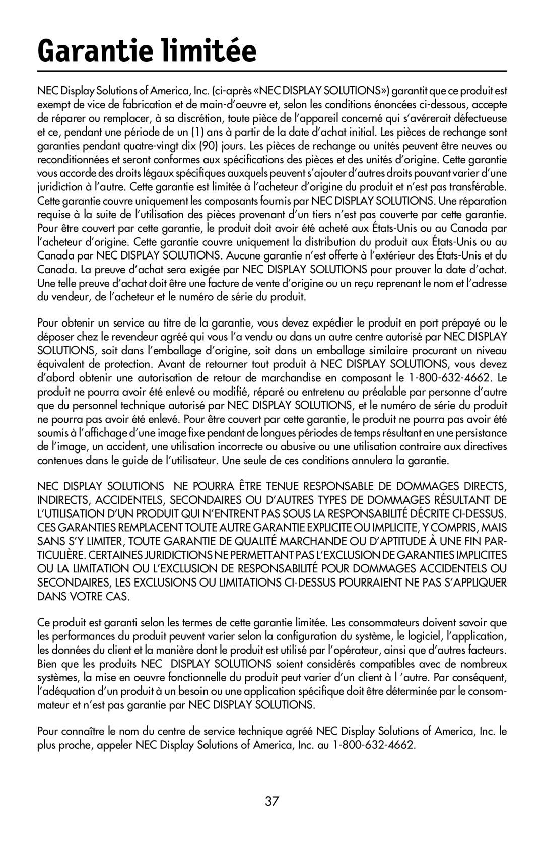 NEC LCD17V user manual Garantie limitée 