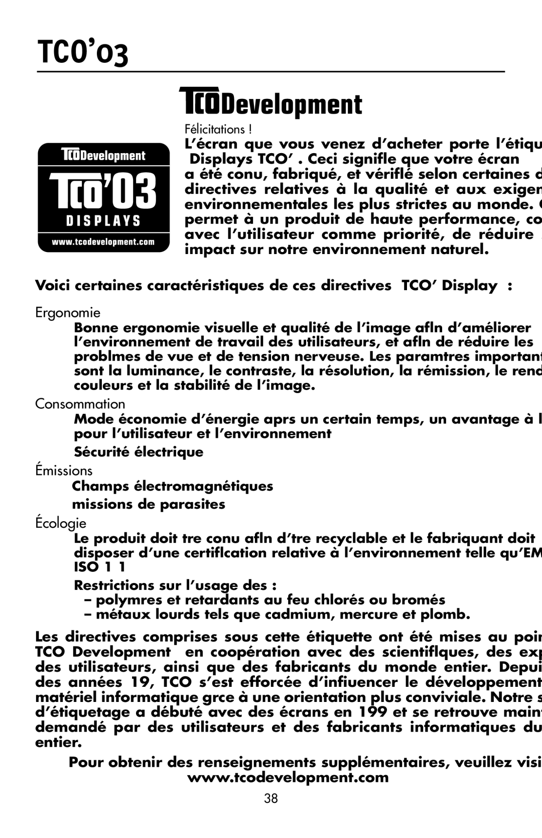 NEC LCD17V user manual TCO’03, Félicitations 