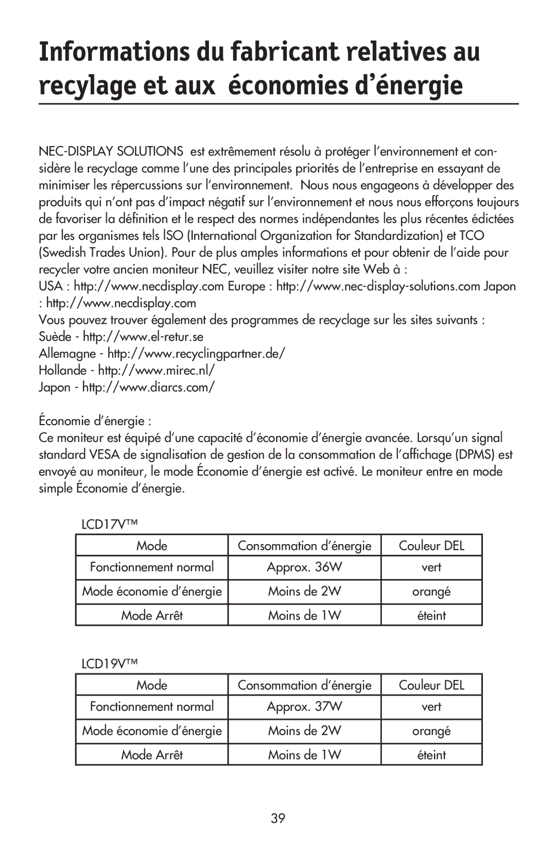 NEC LCD17V user manual Couleur DEL, Mode Arrêt 