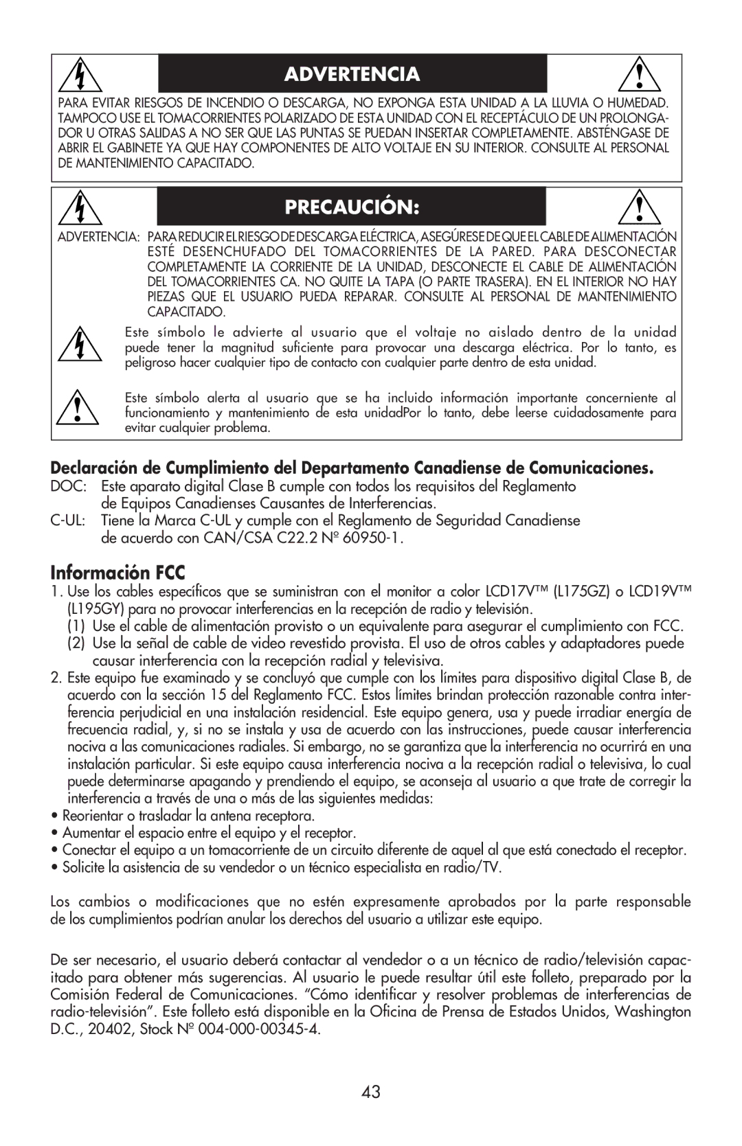 NEC LCD17V user manual Advertencia, Información FCC 