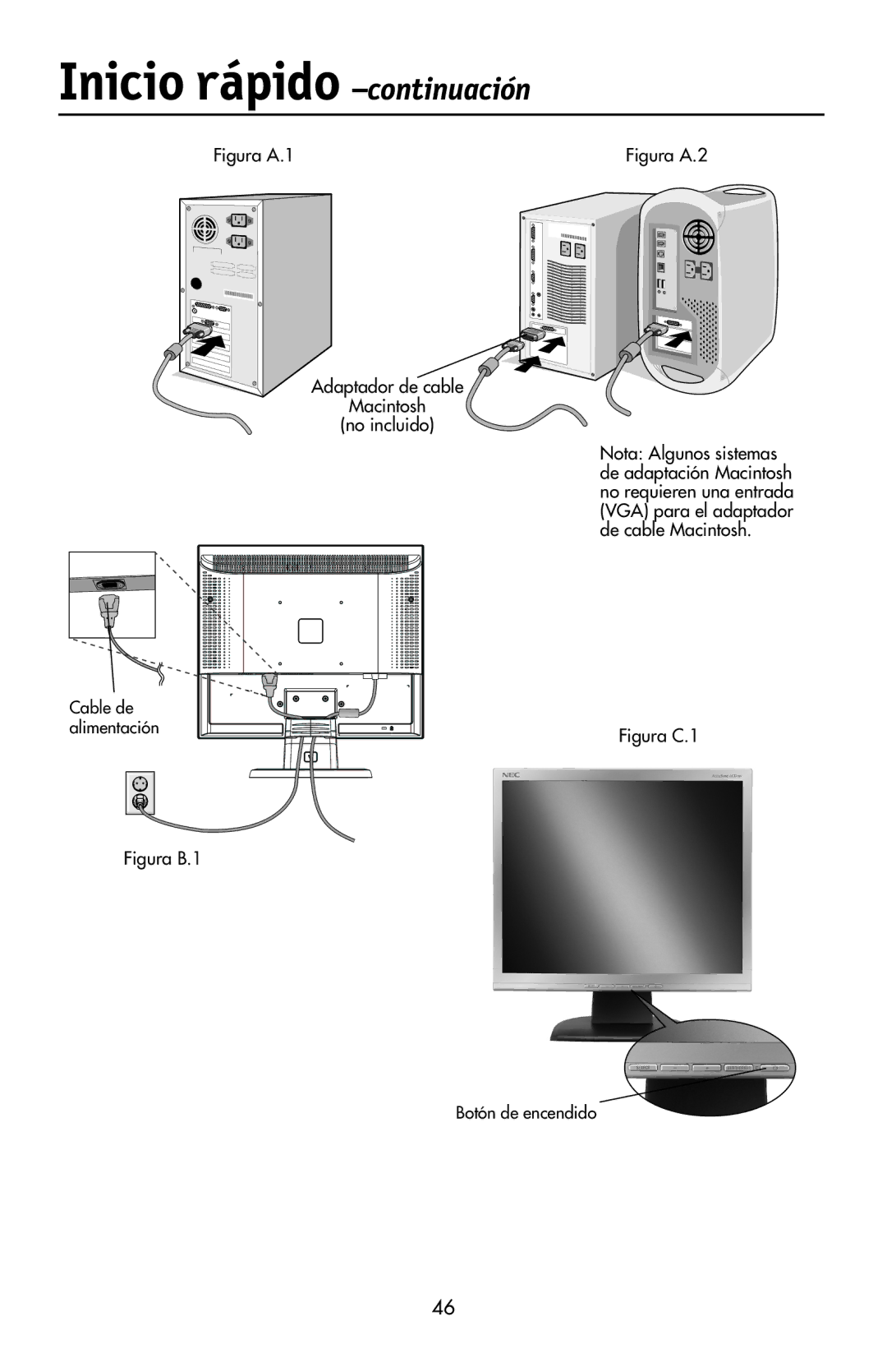 NEC LCD17V user manual Inicio rápido -continuación, No incluido 