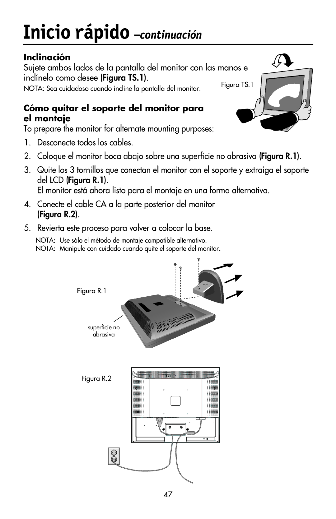 NEC LCD17V user manual Inclinación, Cómo quitar el soporte del monitor para el montaje 