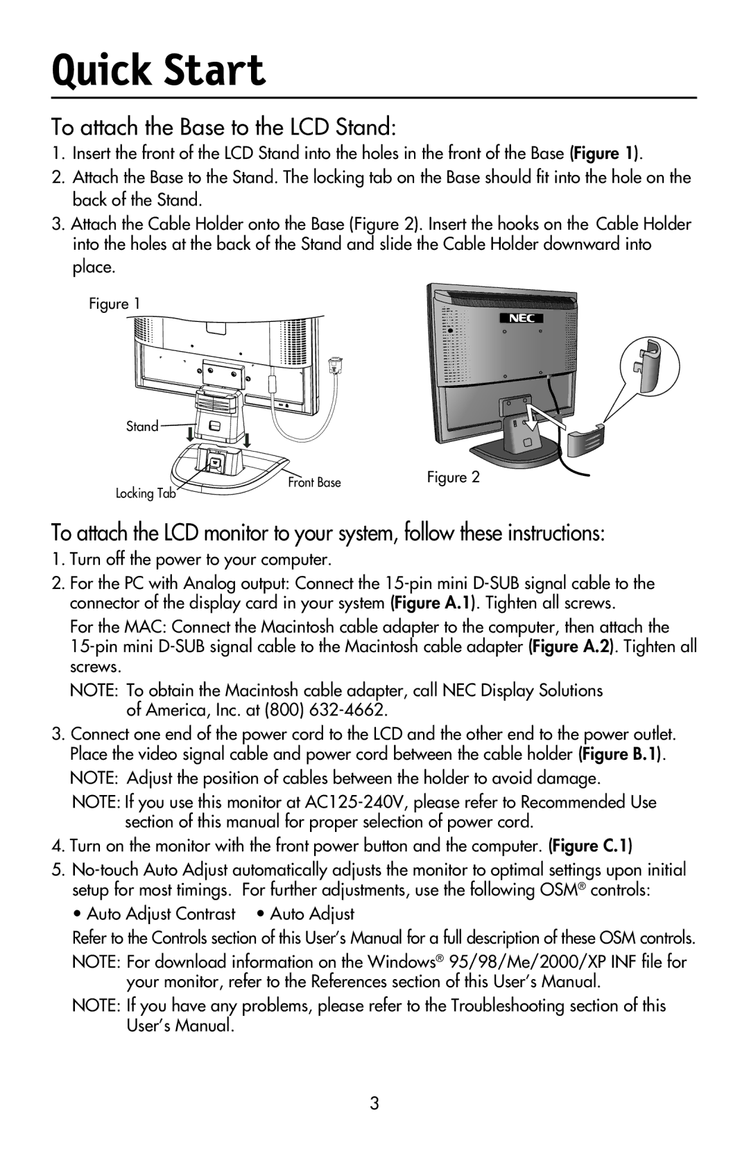 NEC LCD17V user manual Quick Start, To attach the Base to the LCD Stand, Turn off the power to your computer 