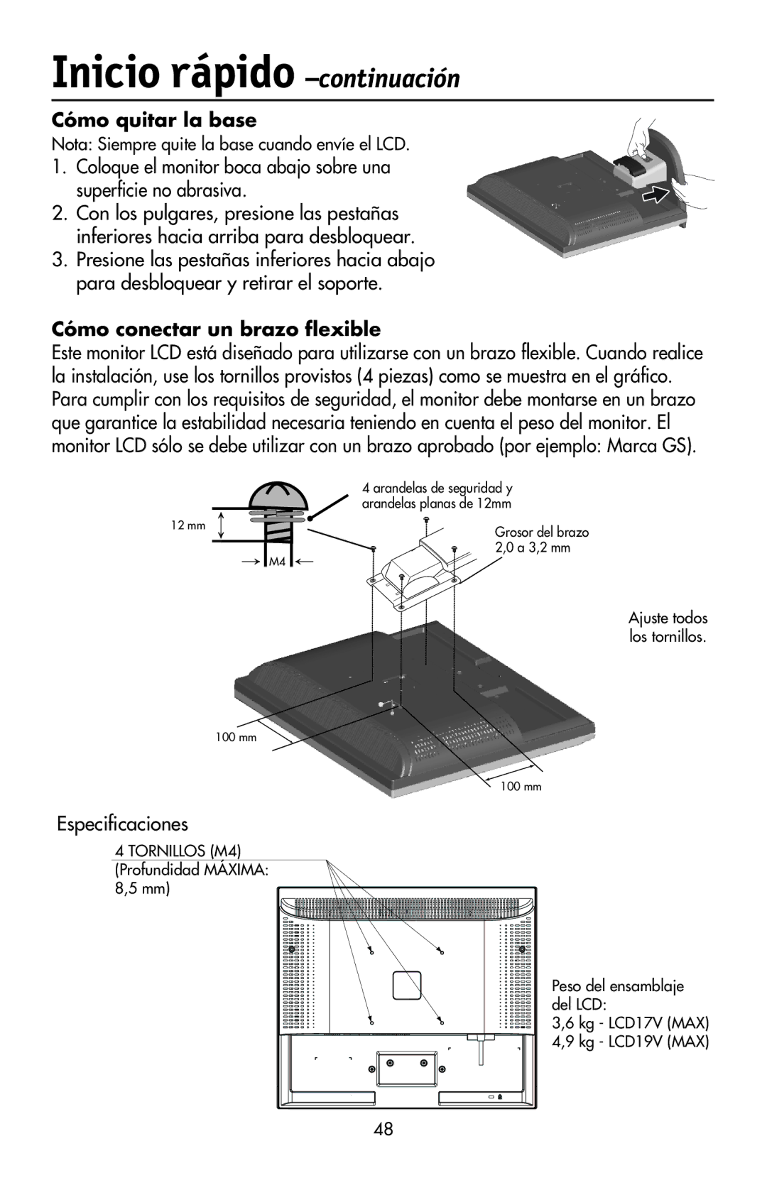 NEC LCD17V user manual Cómo quitar la base, Cómo conectar un brazo flexible, Especificaciones 