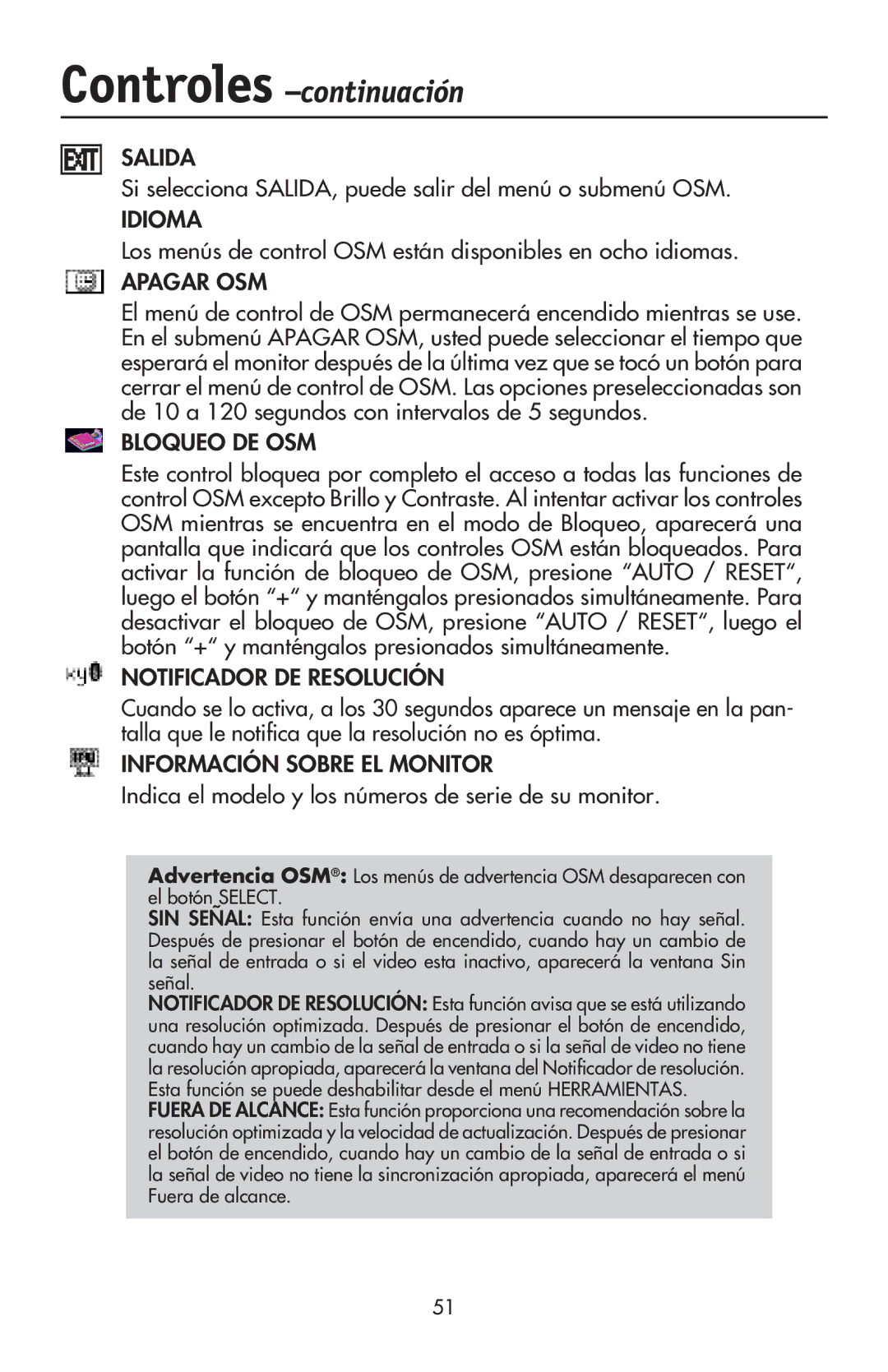 NEC LCD17V Si selecciona SALIDA, puede salir del menú o submenú OSM, Indica el modelo y los números de serie de su monitor 