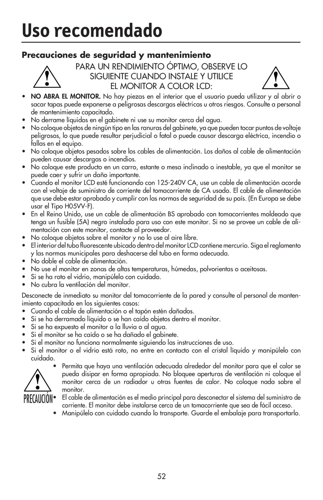 NEC LCD17V user manual Uso recomendado, Precauciones de seguridad y mantenimiento 