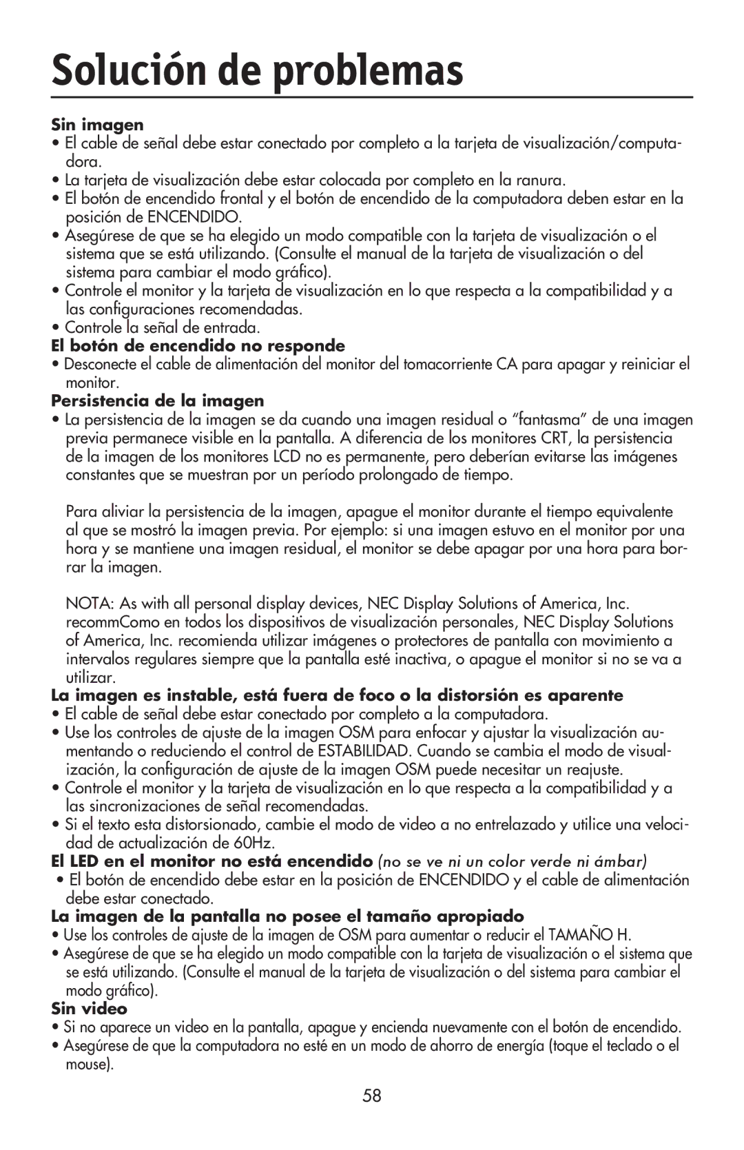 NEC LCD17V user manual Solución de problemas, Sin imagen 