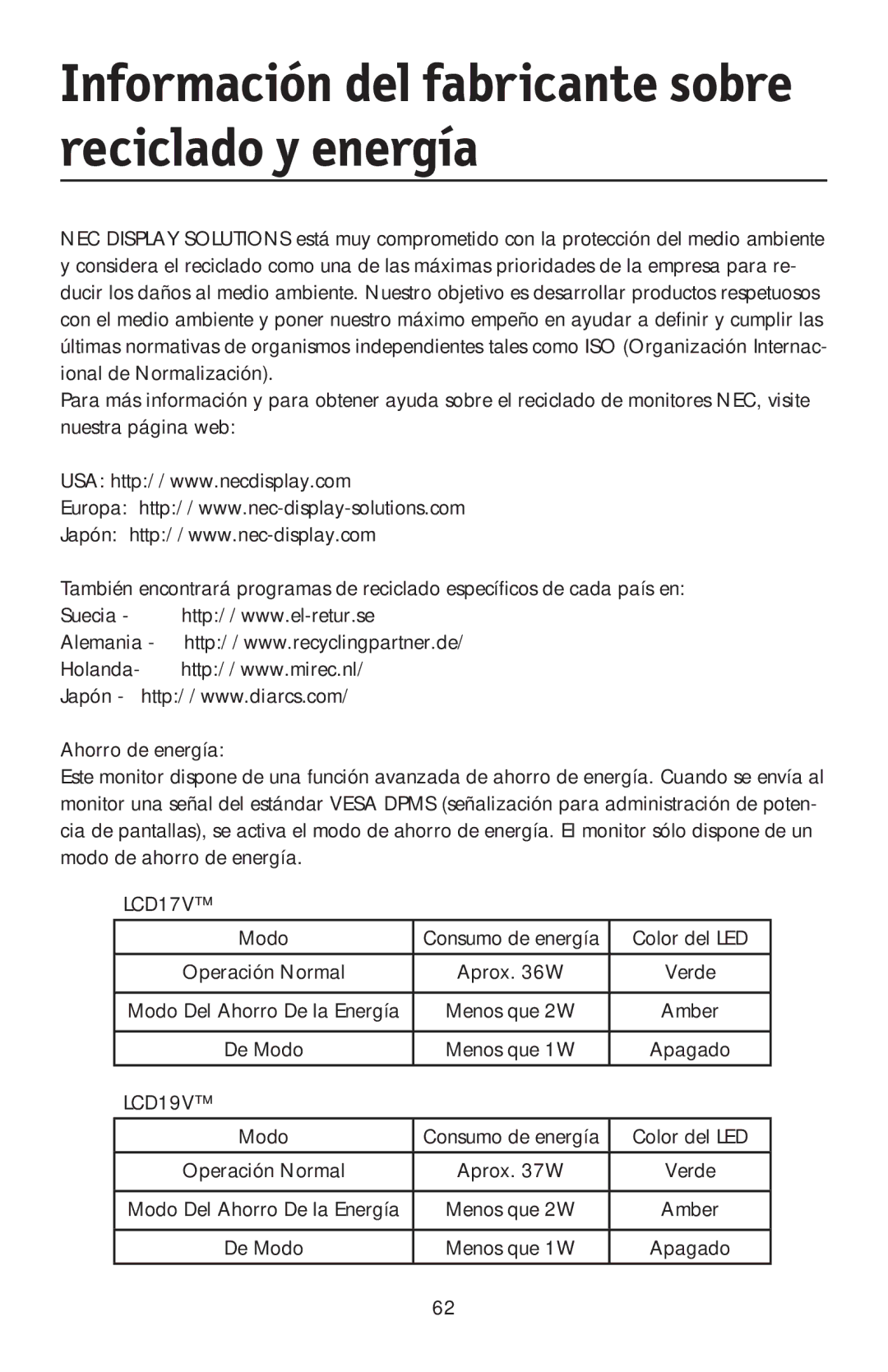 NEC LCD17V user manual Información del fabricante sobre reciclado y energía, Modo, Color del LED, Aprox W 