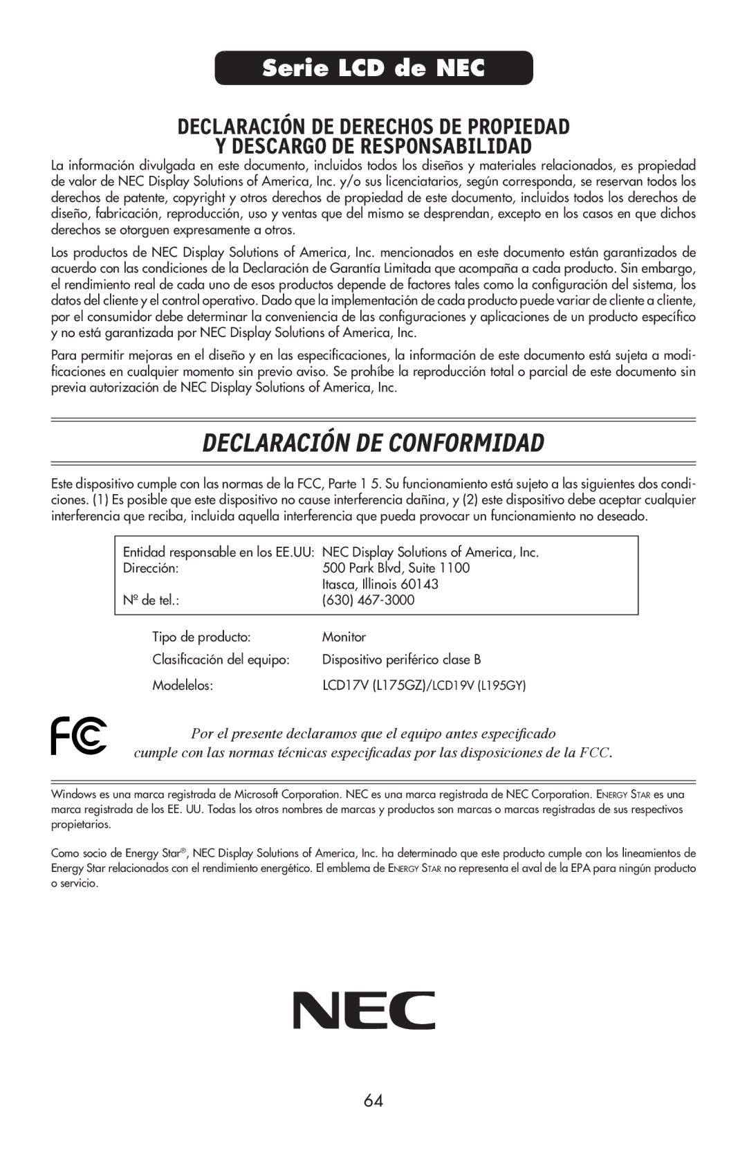 NEC LCD17V user manual Declaración DE Conformidad 