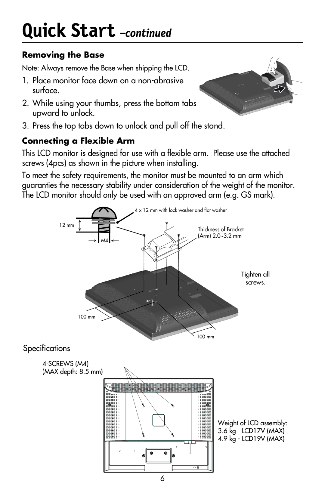 NEC LCD17V user manual Removing the Base, Connecting a Flexible Arm, Specifications 