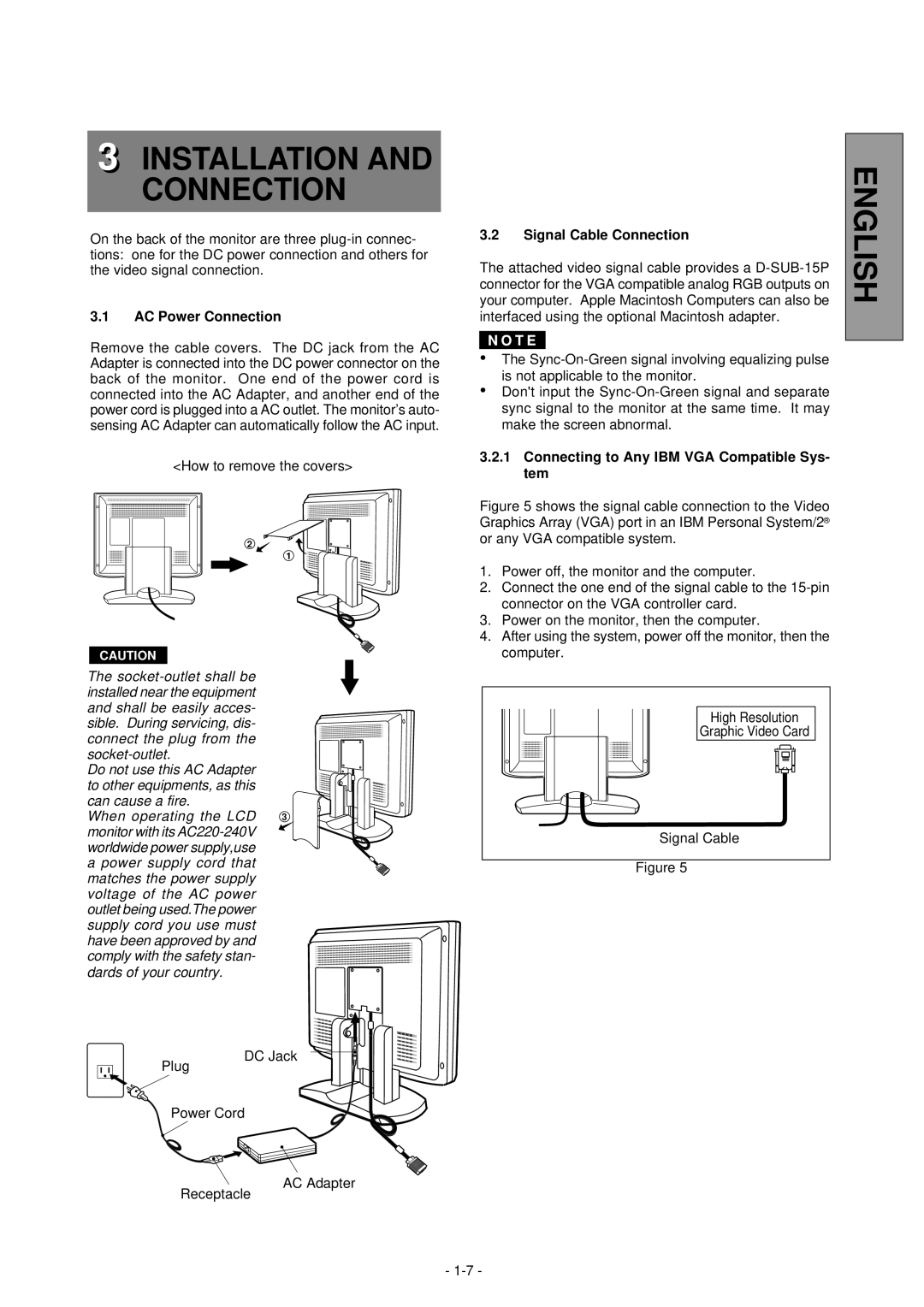 NEC LCD1800TM manual Installation and Connection, AC Power Connection, Signal Cable Connection 