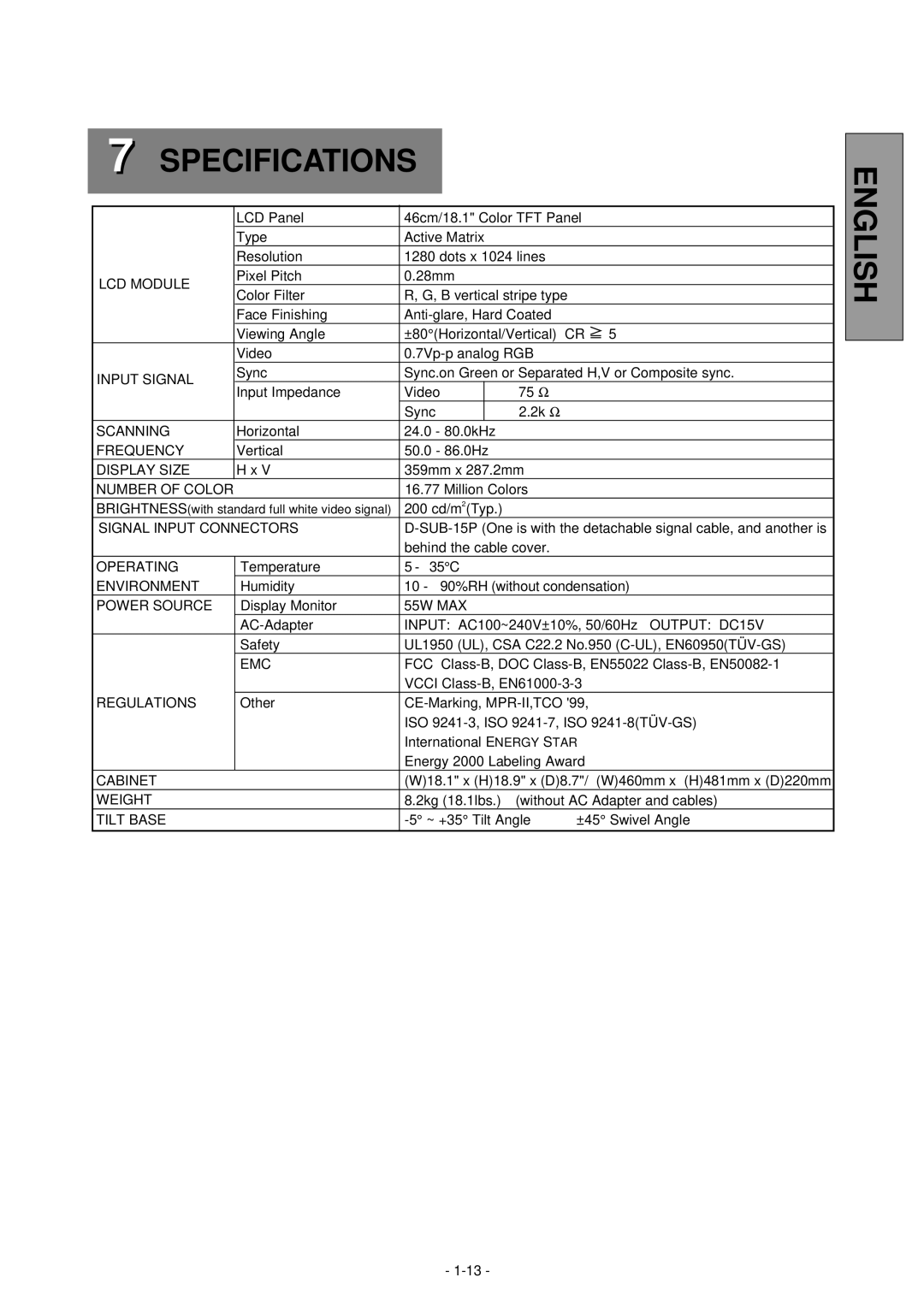 NEC LCD1800TM manual Specifications 