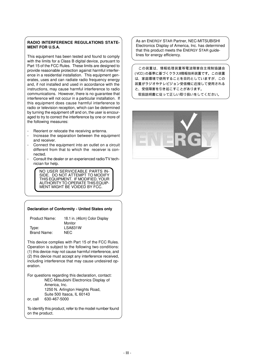 NEC LCD1800TM manual Declaration of Conformity United States only, LSA831W, Nec 