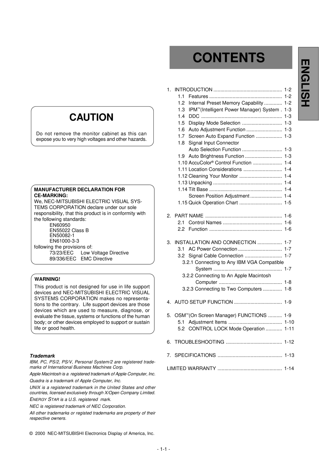 NEC LCD1800TM manual Contents 