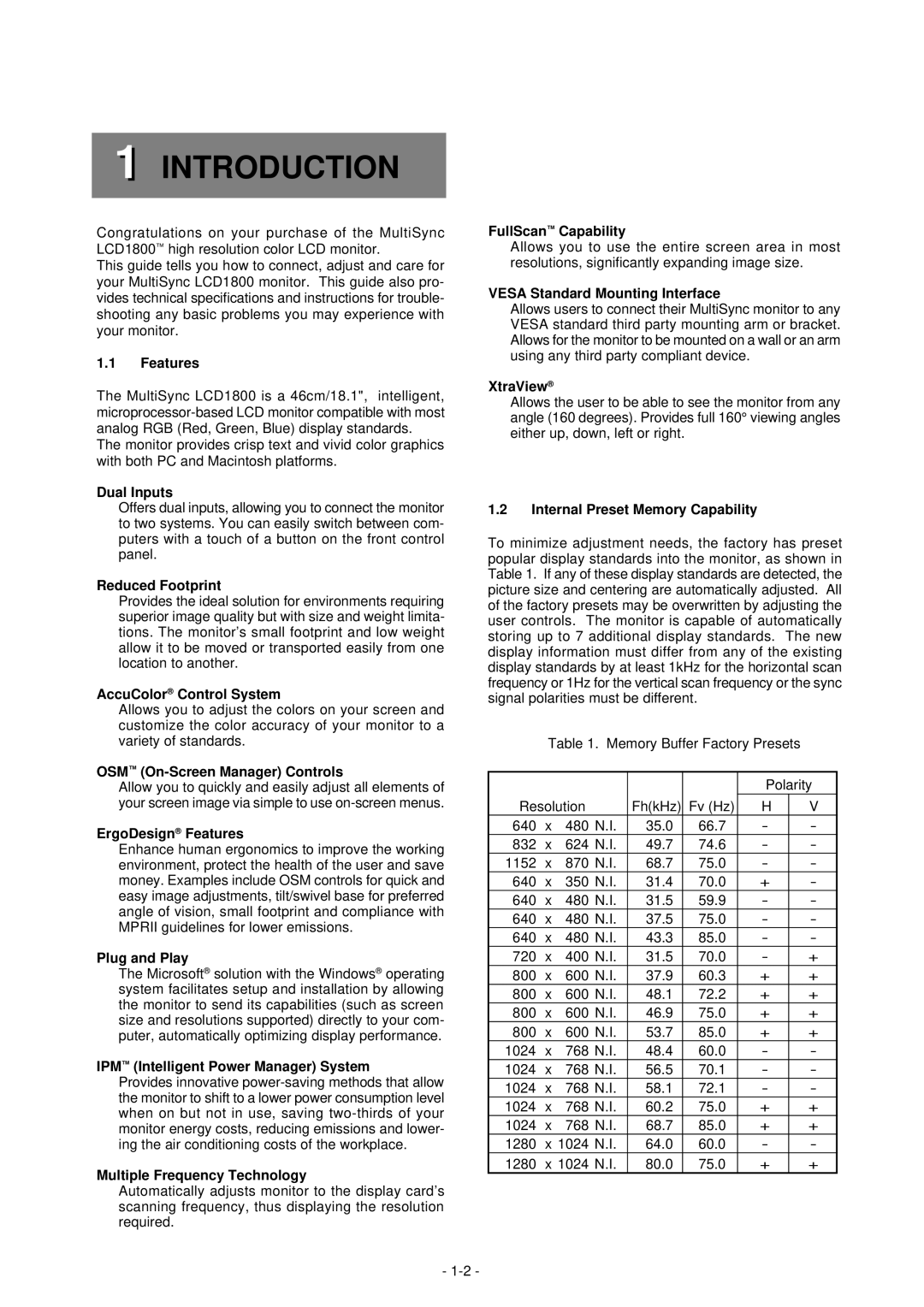 NEC LCD1800TM manual Introduction 