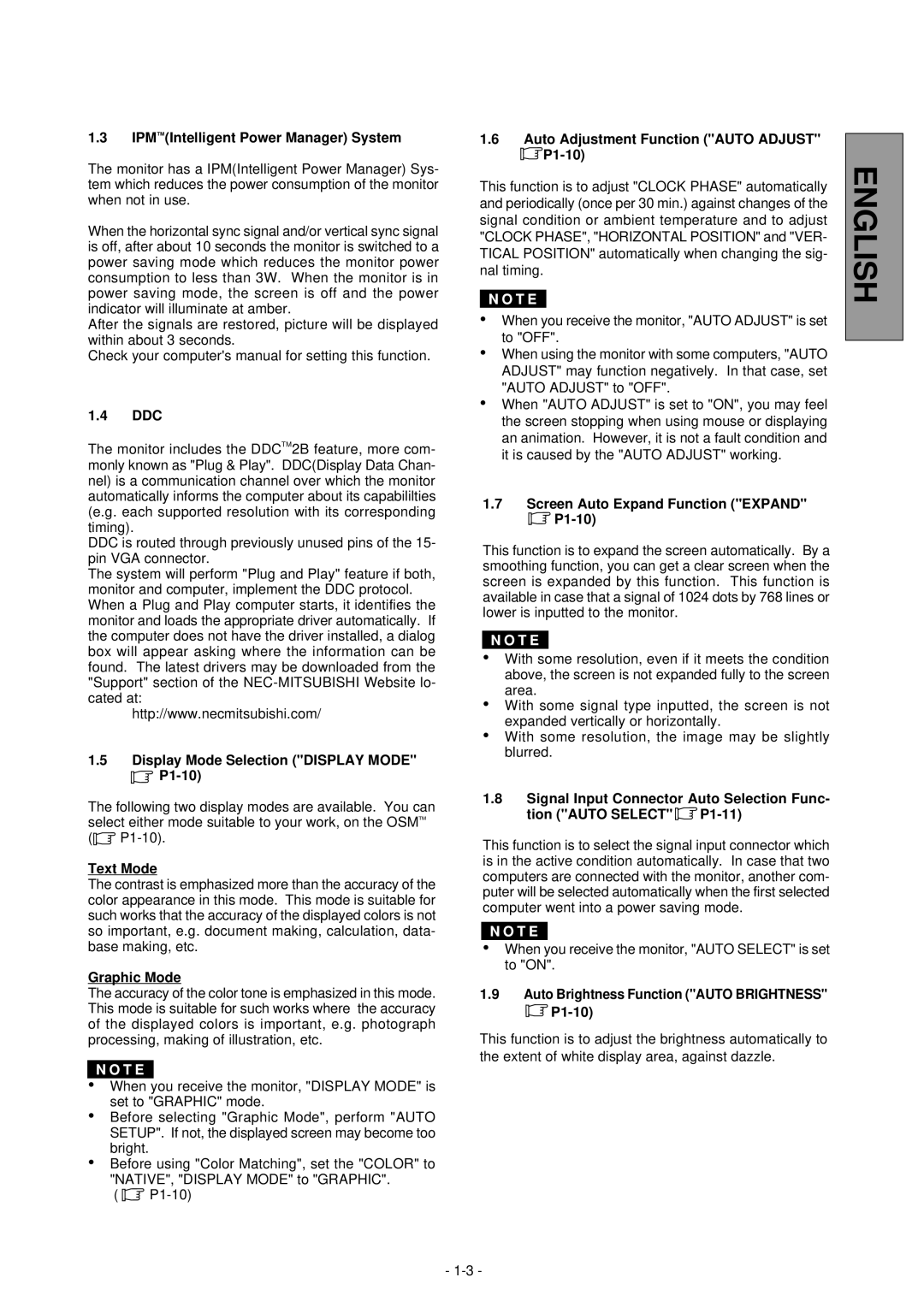 NEC LCD1800TM manual IPM Intelligent Power Manager System, Ddc, Display Mode Selection Display Mode P1-10, Text Mode 