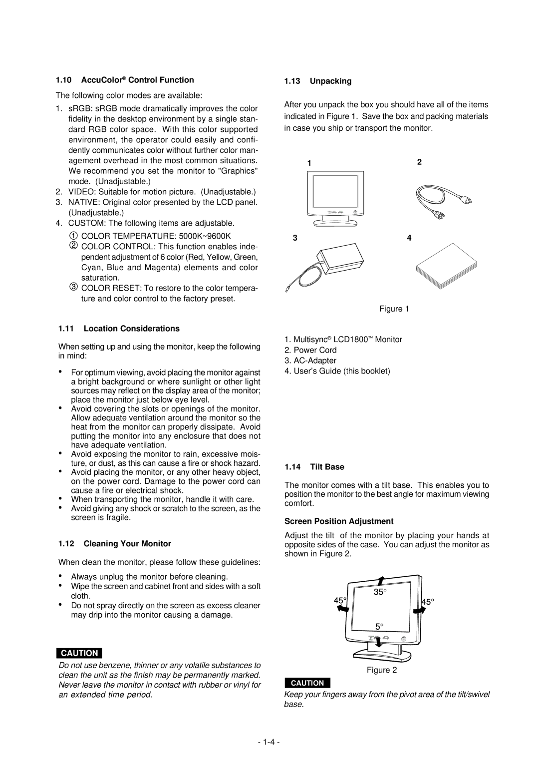 NEC LCD1800TM manual AccuColor Control Function, Location Considerations, Cleaning Your Monitor, Unpacking, Tilt Base 