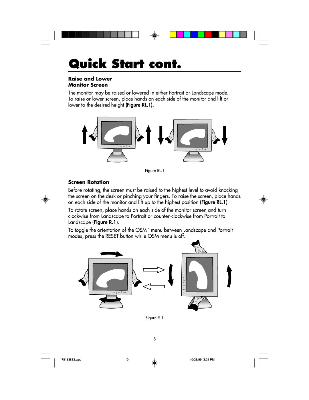 NEC LCD1810 user manual Raise and Lower Monitor Screen, Screen Rotation 