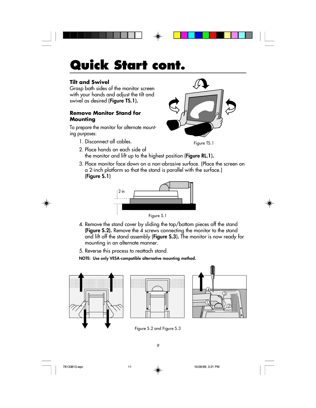 NEC LCD1810 user manual Tilt and Swivel, Remove Monitor Stand for Mounting 