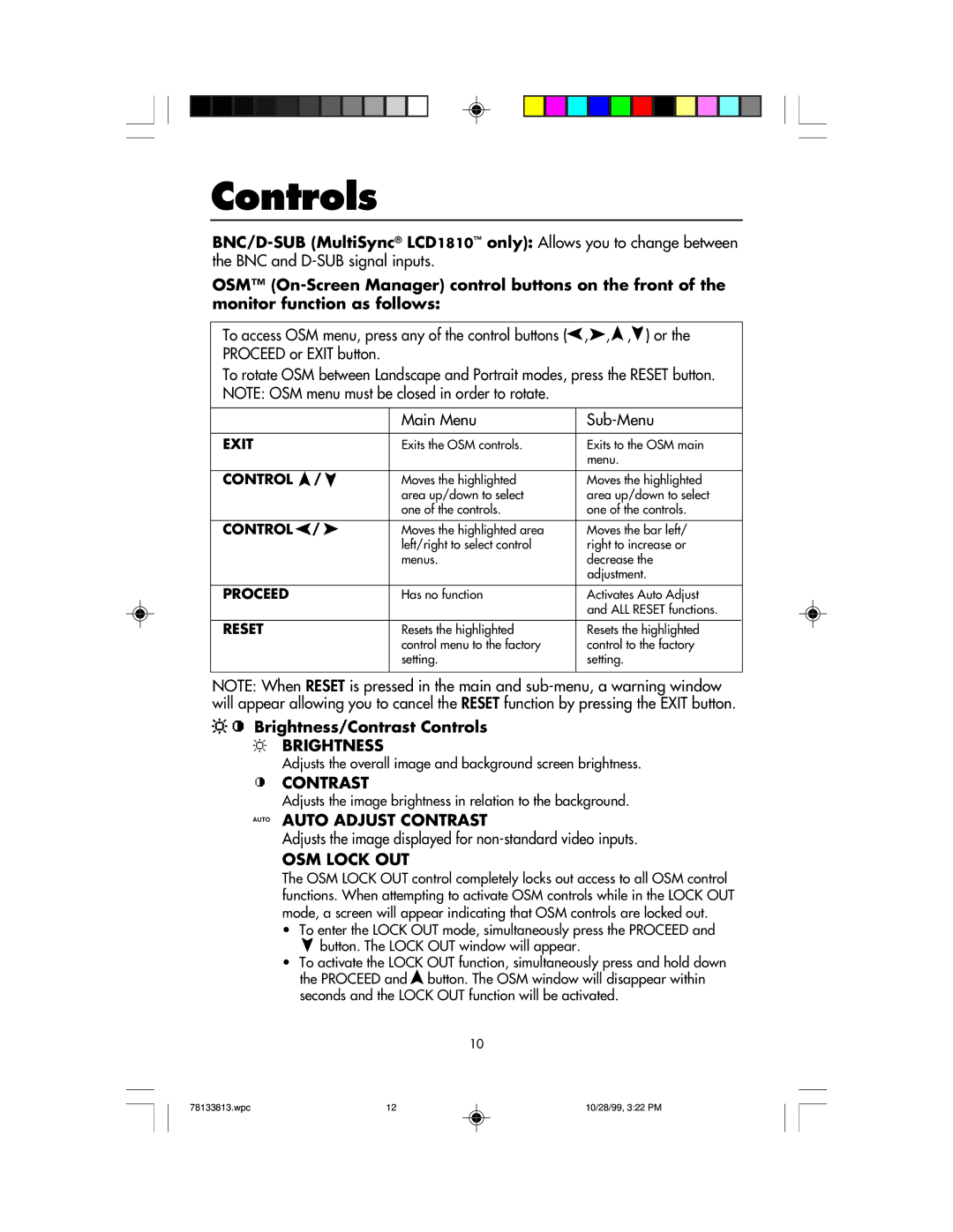 NEC LCD1810 user manual Brightness/Contrast Controls, Adjusts the overall image and background screen brightness 