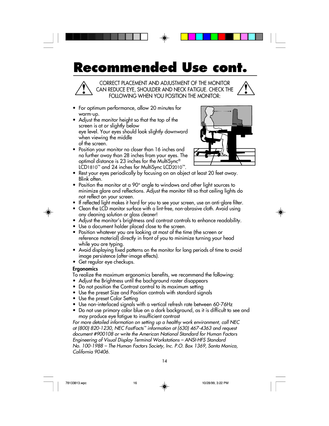 NEC LCD1810 user manual Recommended Use 