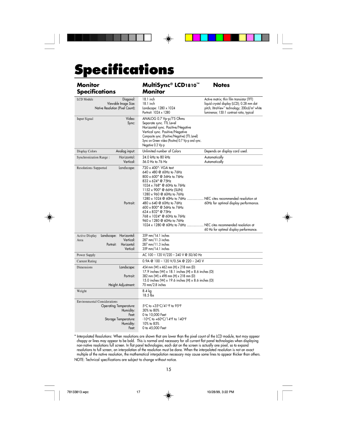 NEC user manual Monitor MultiSync LCD1810 Specifications 