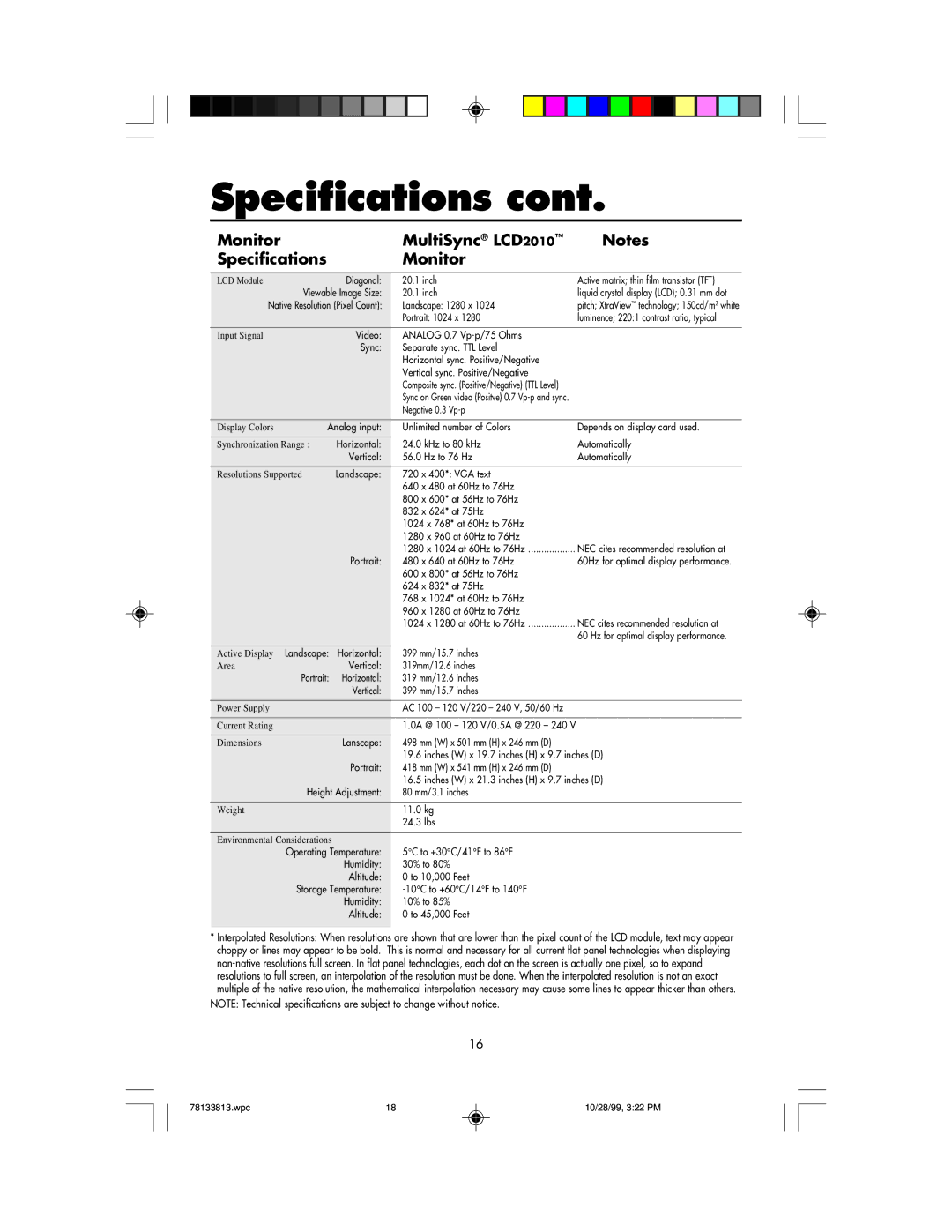 NEC LCD1810 user manual Monitor MultiSync LCD2010 Specifications, 319 mm/12.6 inches Vertical 399 mm/15.7 inches 