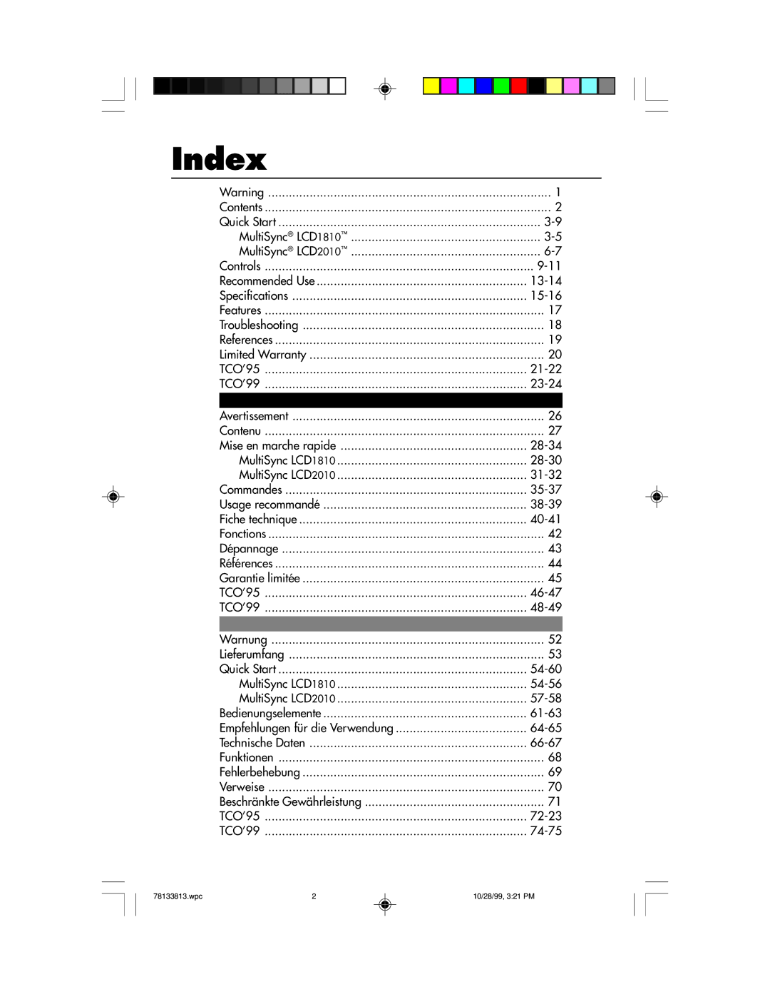 NEC LCD1810 user manual Index 