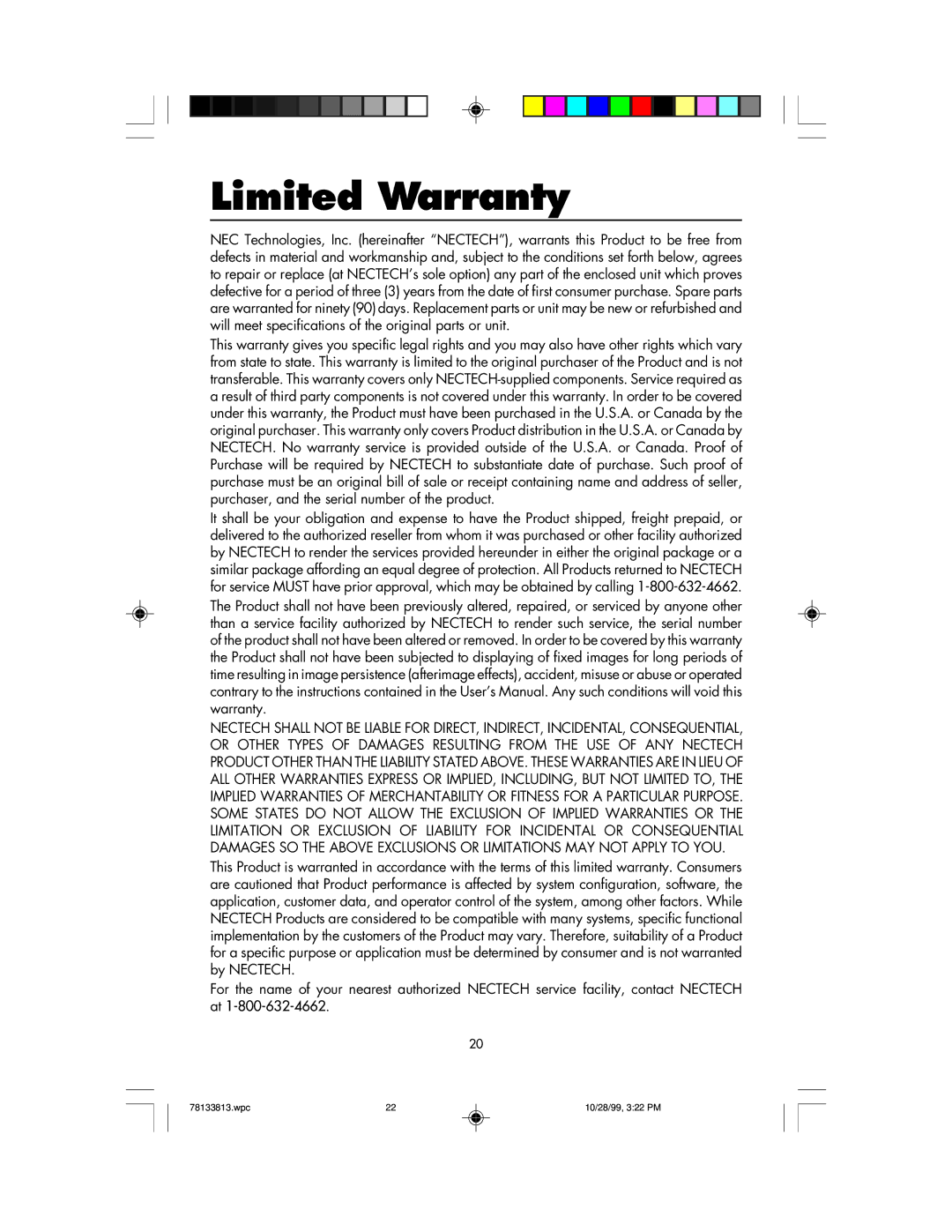 NEC LCD1810 user manual Limited Warranty 