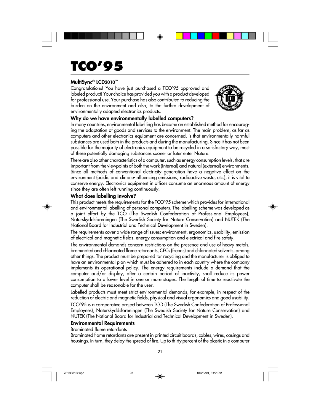 NEC LCD1810 user manual TCO’95, Brominated flame retardants 