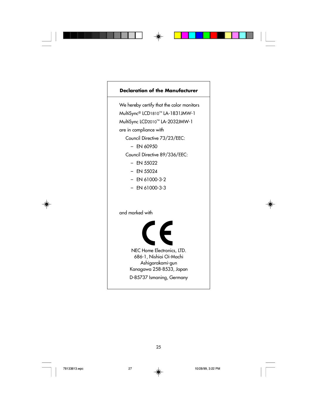 NEC LCD1810 user manual Declaration of the Manufacturer 