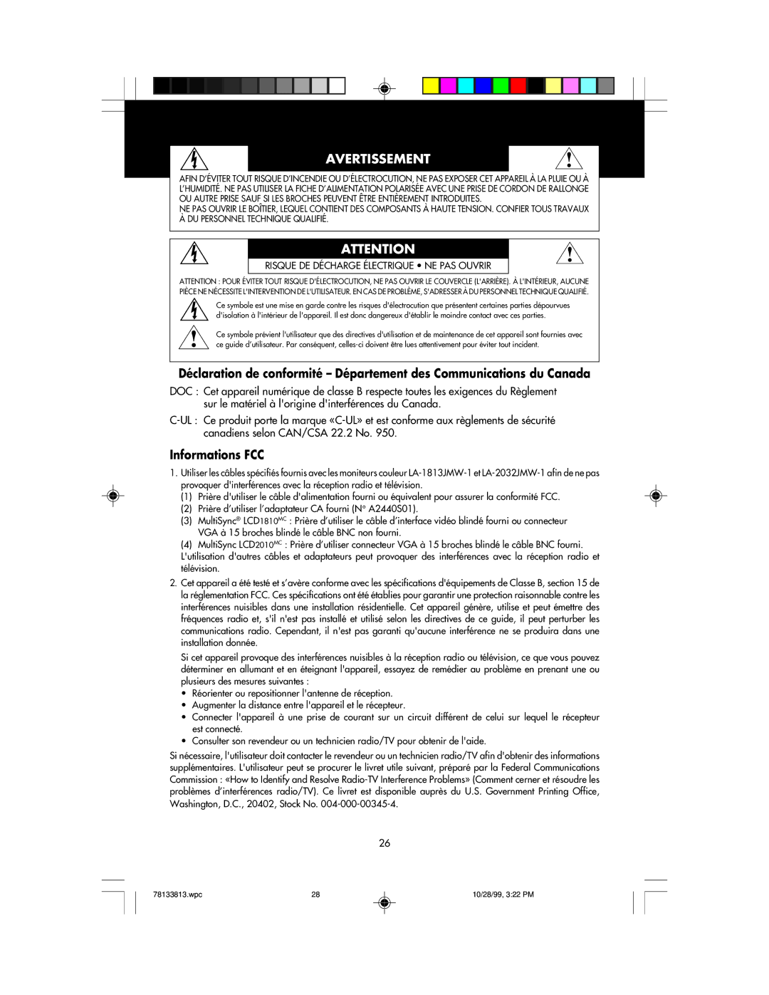 NEC LCD1810 user manual Avertissement, Informations FCC 