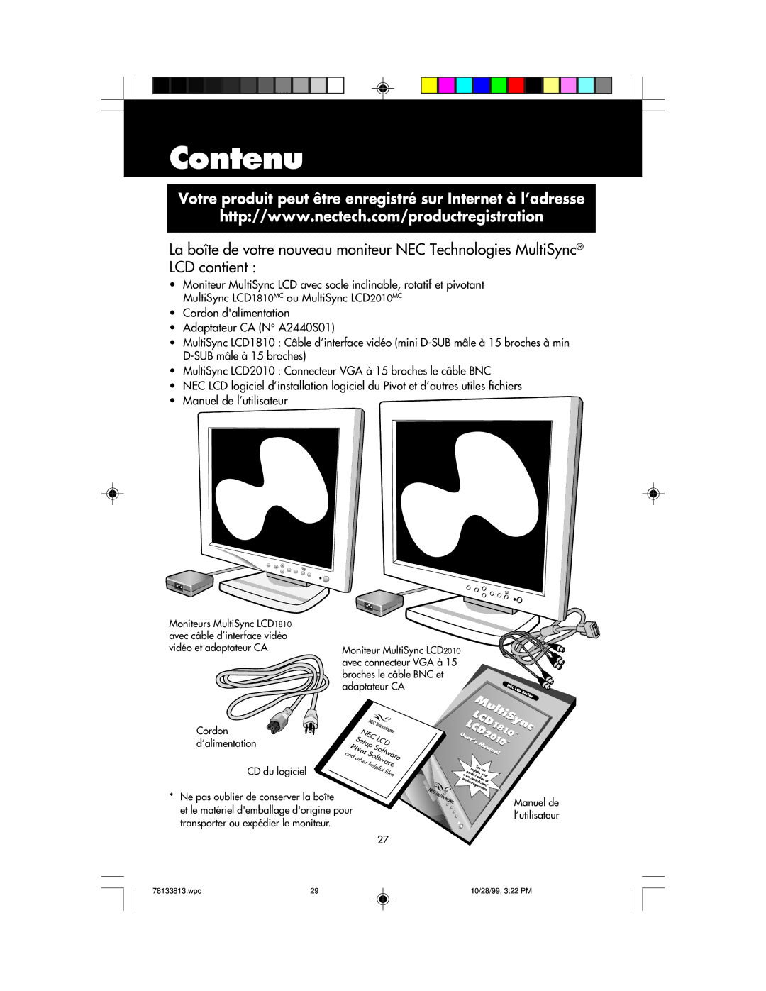 NEC LCD1810 user manual Contenu, Votre produit peut être enregistré sur Internet à l’adresse 