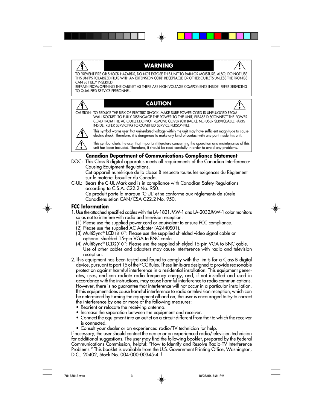 NEC LCD1810 user manual Canadian Department of Communications Compliance Statement, FCC Information 